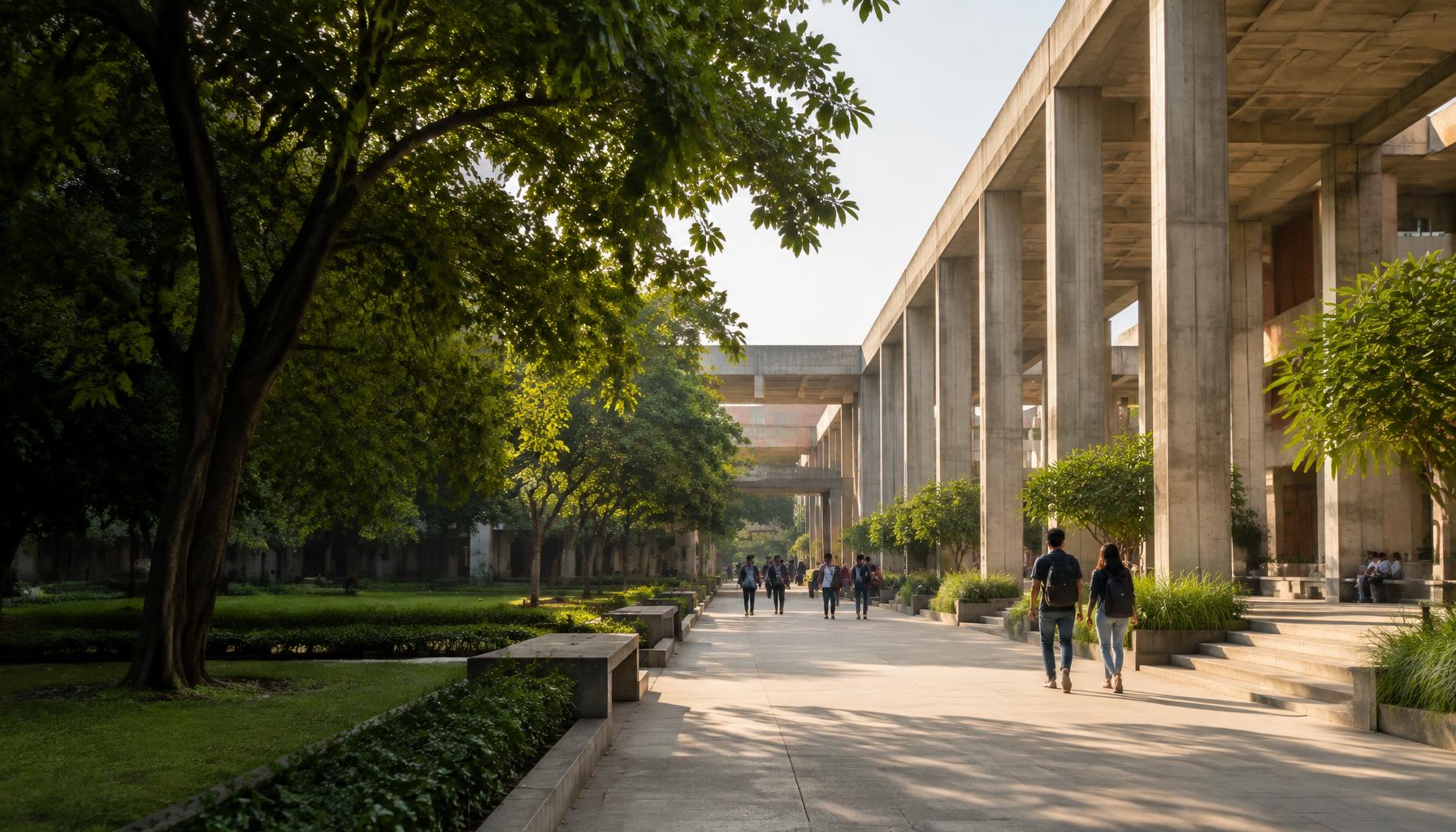 A tree-lined university walkway